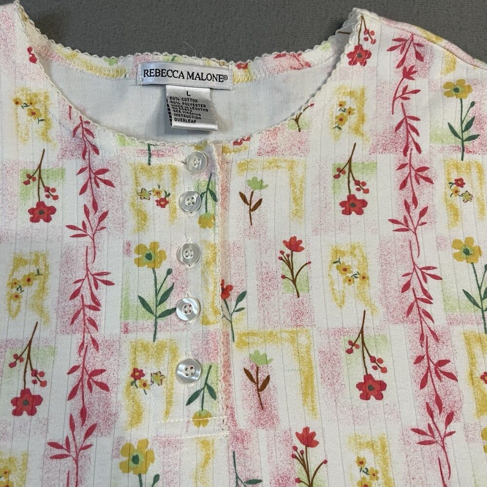 Rebecca Malone Floral Patchwork Pastel Pink Yellow Cottage Top Womens Size L - Picture 2 of 10